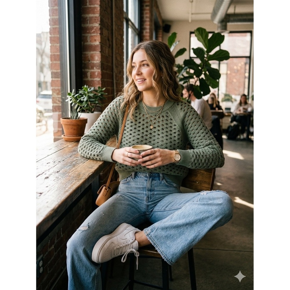 Lou‎ & Grey Sage Green Open Stitch Pointelle Crewneck Sweater Large